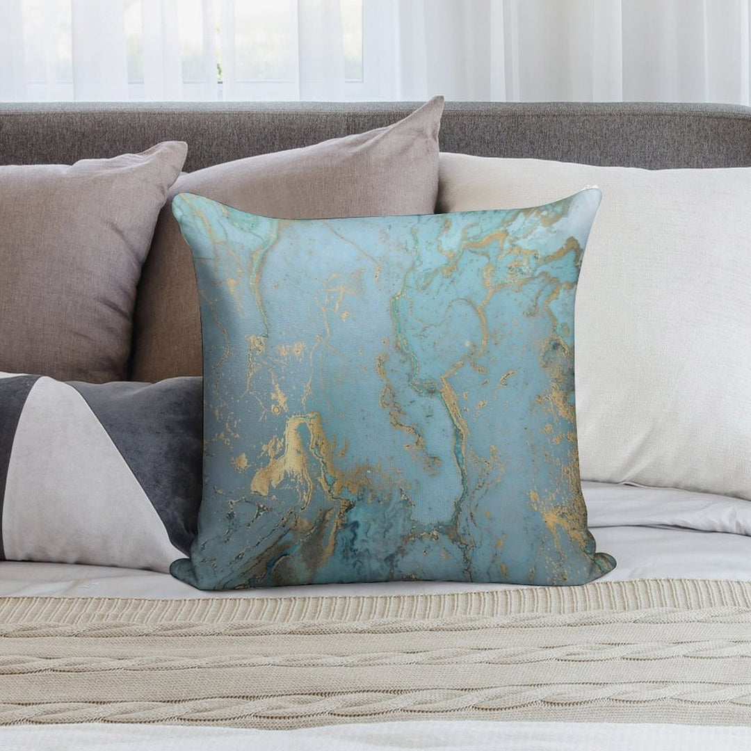 Marble Design - Gold Effect - Turquoise Blue, Teal Marbling Soft Hidden Zipper Throw Pillow
