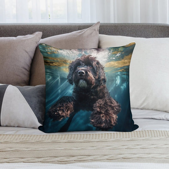 Portuguese Water Dog Swimming Under Water Soft High-Density Material Throw Pillow