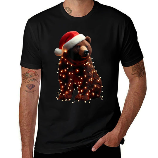 Bear With Santa Hat And Christmas Lights Xmas Brown Bears  Graphic-printed T-Shirt