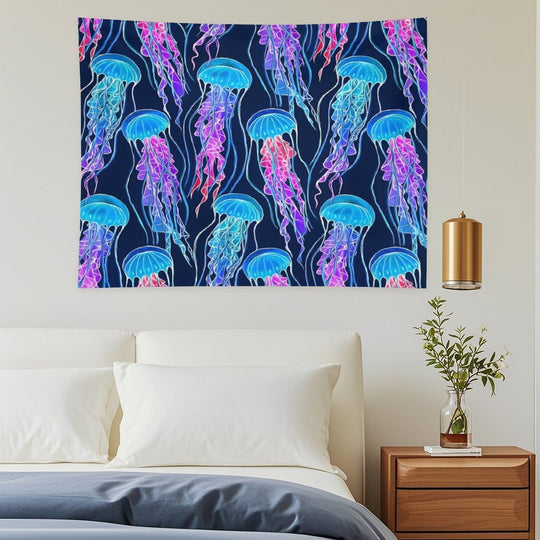 Luminescent Rainbow Jellyfish on Navy Blue Tapestry