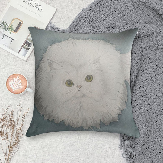 Golden-Eyed Fluffy White Cat – Watercolour Soft Short Plush Fabric Throw Pillow