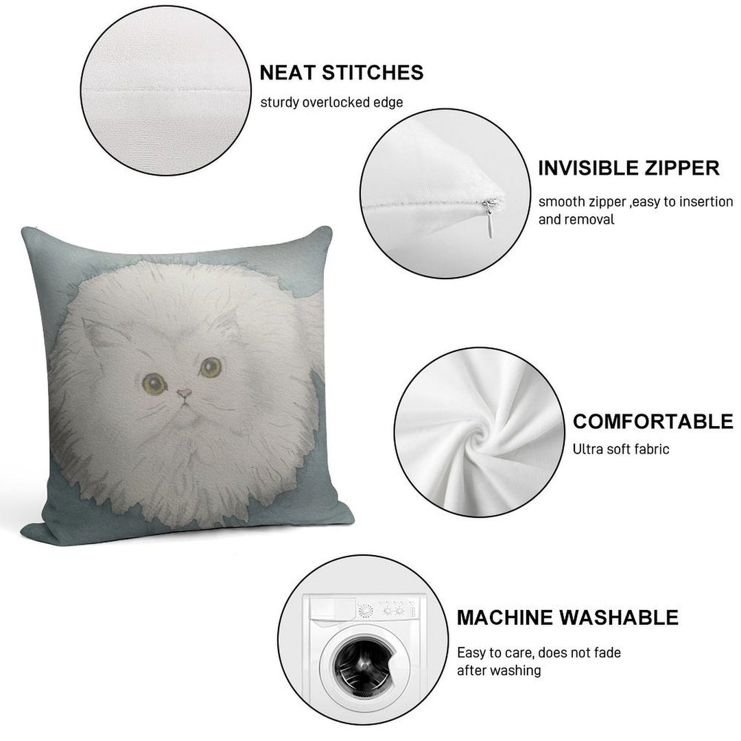 Golden-Eyed Fluffy White Cat – Watercolour Soft Short Plush Fabric Throw Pillow