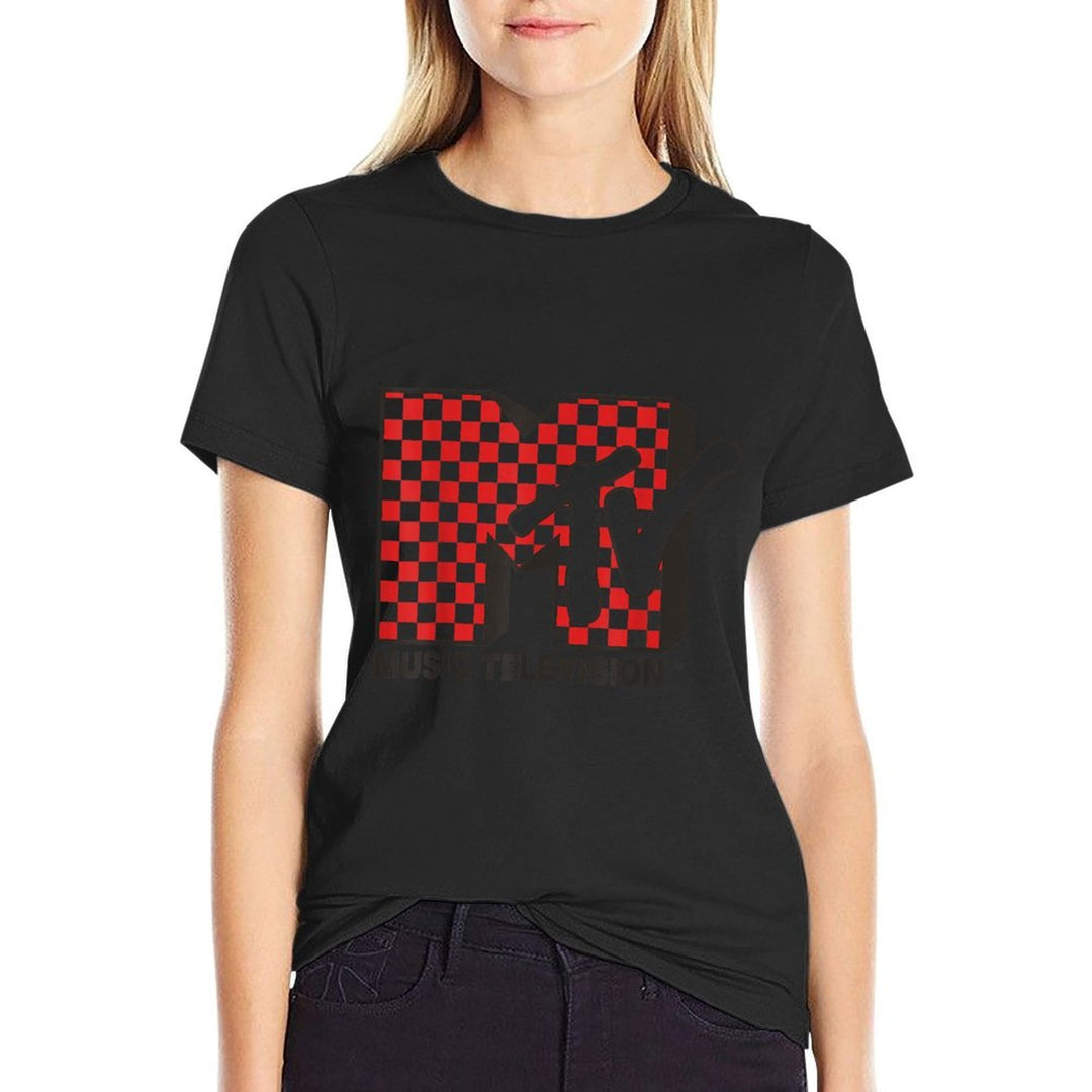 MTV Logo With Red Checkered Print  Summer-ready Fabric T-Shirt