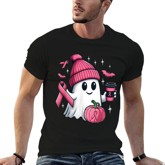 Cute Ghost Drinking Coffee Halloween Breast Cancer Awareness  Lightweight T-Shirt