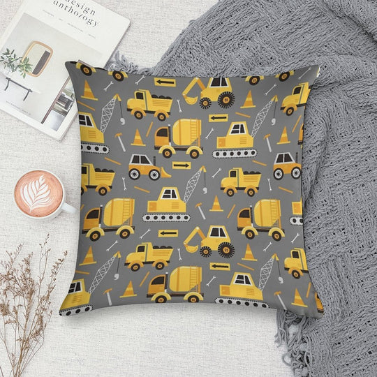 Construction Trucks on Gray Soft Short Plush Fabric Throw Pillow