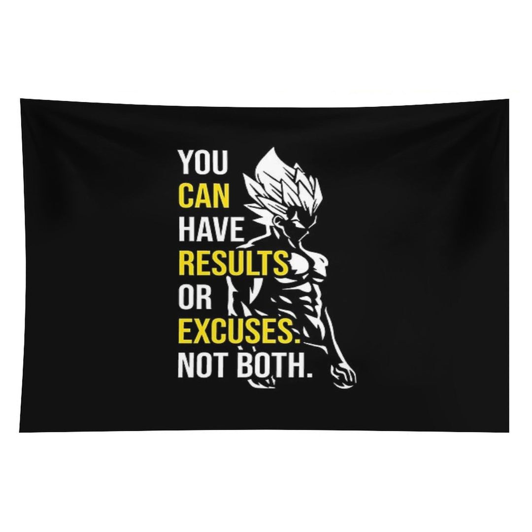 Results Vs Excuses - Vegeta Gym Motivational Tapestry