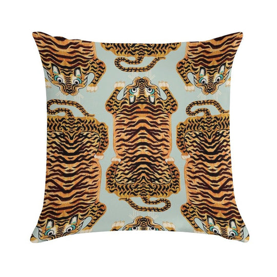Cute Golden Tibetan Tiger Rug in Sage Soft High-Density Material Throw Pillow