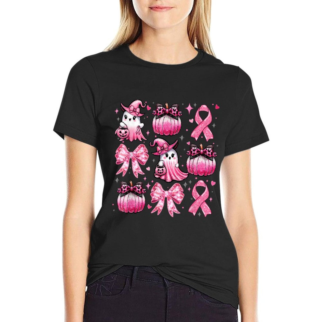 Pink Ghost Coquette Bow Halloween Breast Cancer Awareness  Rolled Sleeves T-Shirt