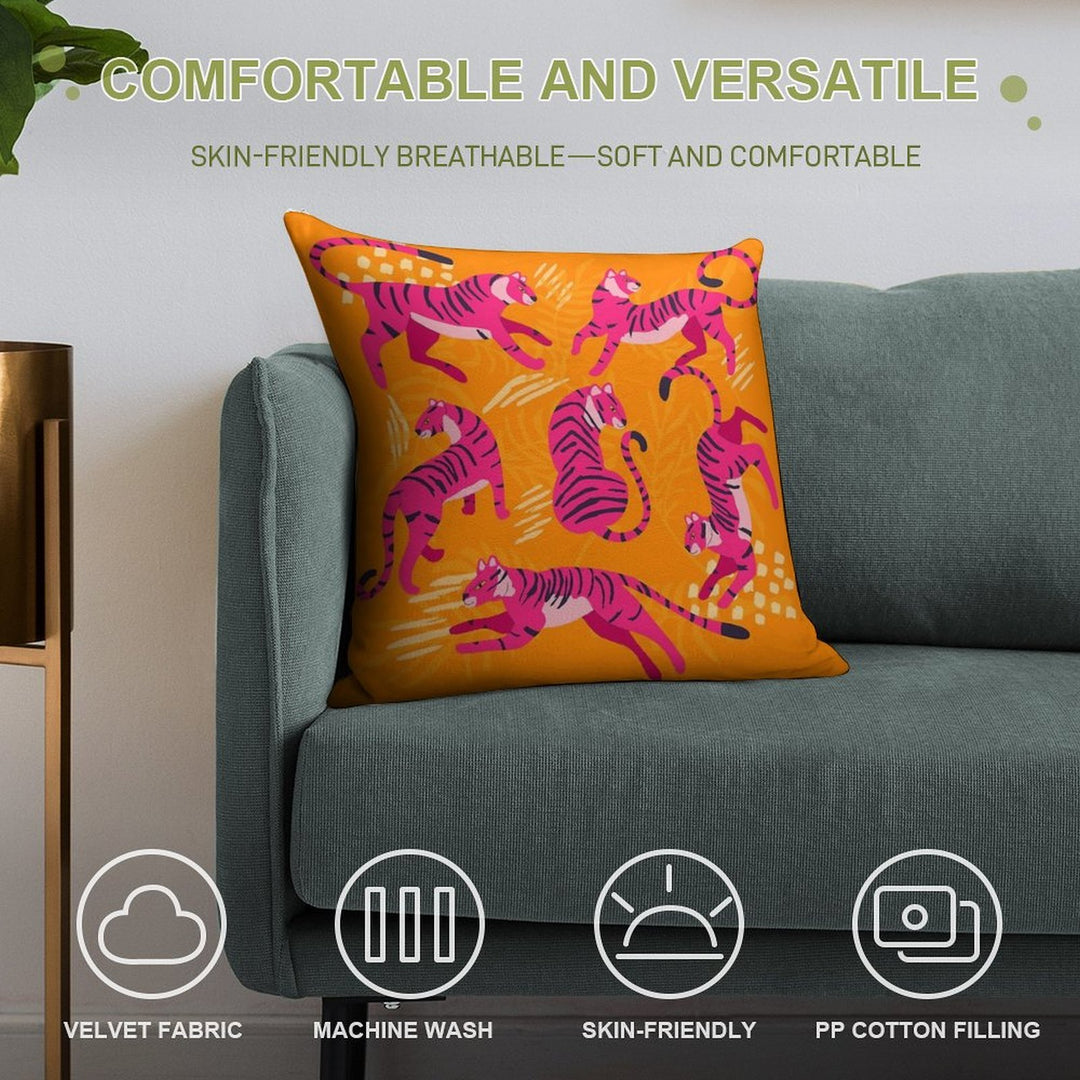 Pink Tigers on Orange Soft High-Density Material Throw Pillow