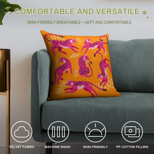 Pink Tigers on Orange Soft High-Density Material Throw Pillow