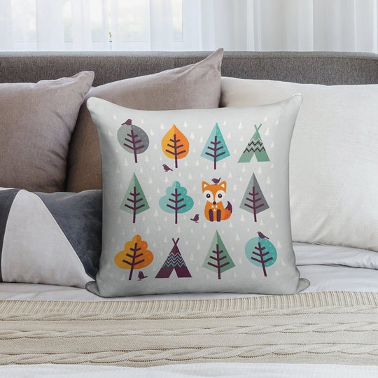 Fox in The Forest on Gray Soft Short Plush Fabric Throw Pillow