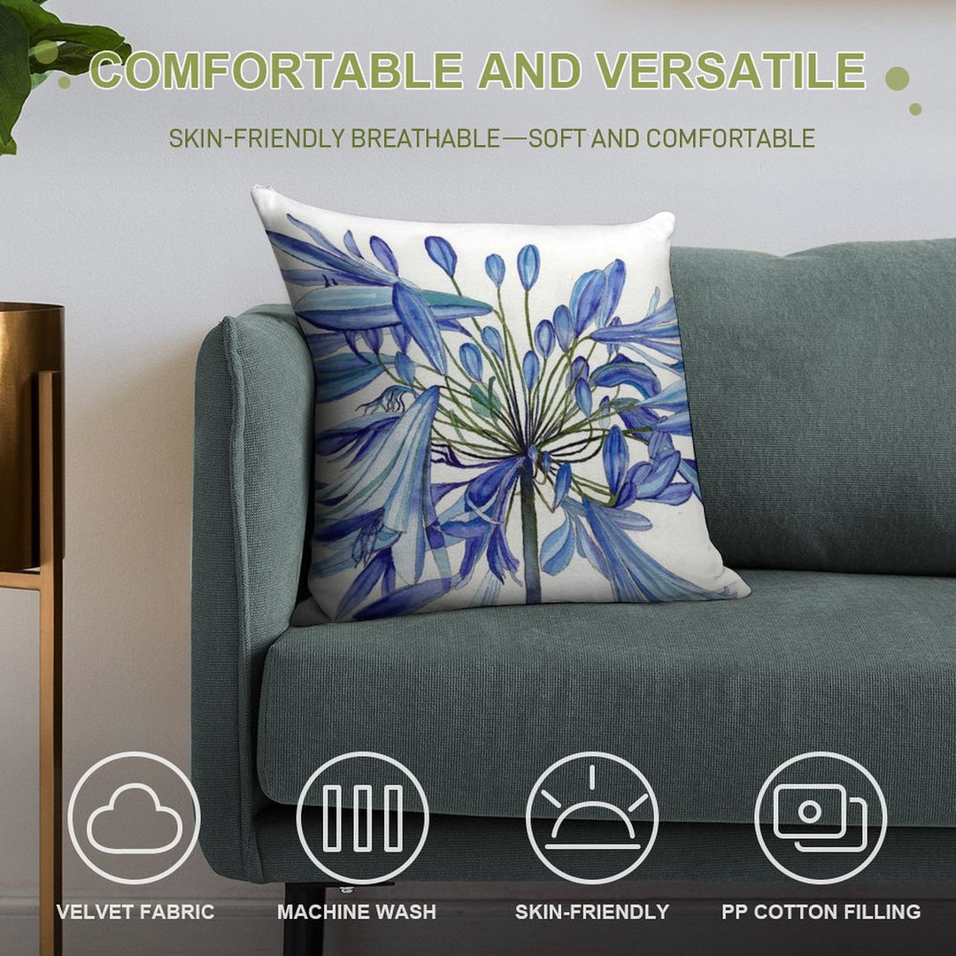 Blue Agapanthus Flower Watercolour Painting Soft Reinforced Edging Throw Pillow