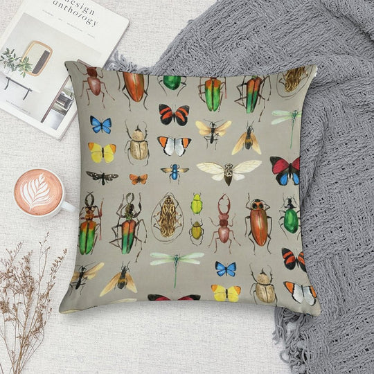 The Usual Suspects - Insects on Grey - Watercolour Bugs Pattern by Cecca Designs Soft Reinforced Edging Throw Pillow