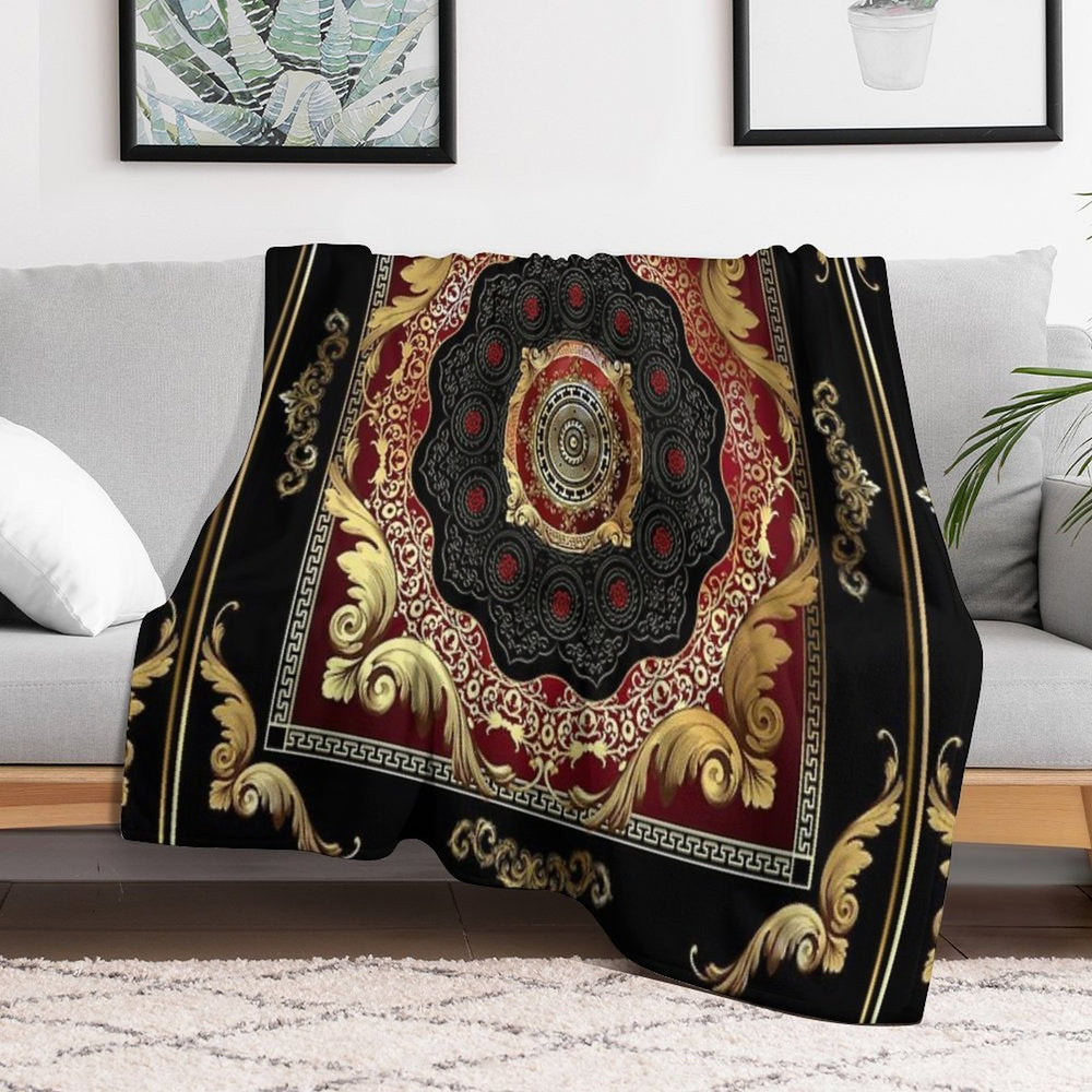 Ornate Baroque Filigree Red Black Gold Greek Key Meander Gift-ready Throw Blanket