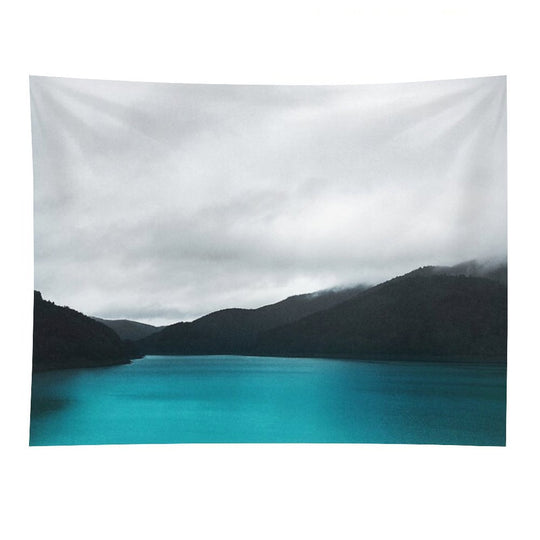 The Waters And The Wild  Vintage Retro Glowing Wilderness Mountain Lake With Cascadia Trees Covered In Fog Tapestry