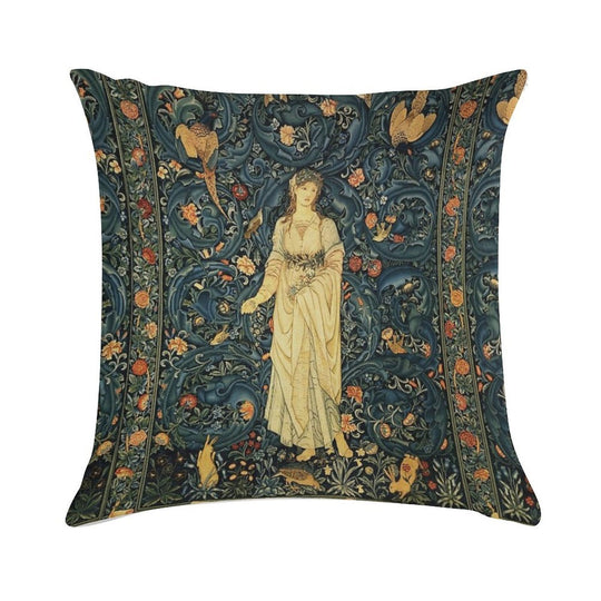 LADY FLORA, GREENERY, FOREST ANIMALS ,PHEASANT BIRDS ,RABBITS Blue Green Floral Tapestry Soft Warmth Comfort Throw Pillow