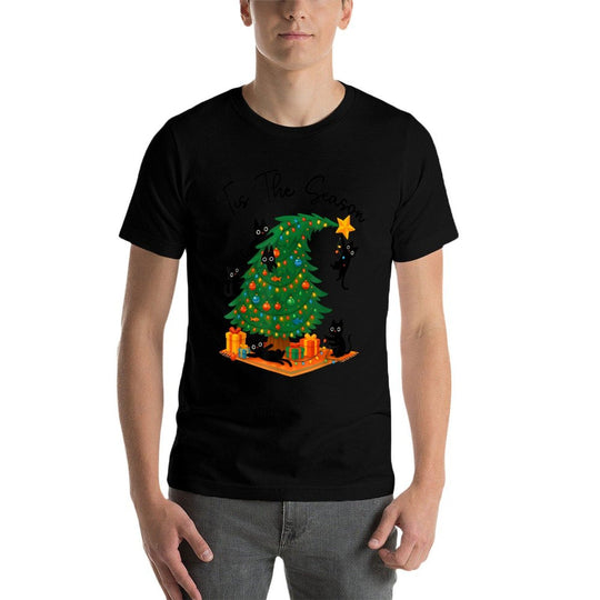 Tis The Season Christmas Tree Cute Black Cat Matching Family  Graphic-printed T-Shirt