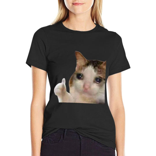 Thumbs Up Crying Cat Meme  Heathered Texture T-Shirt