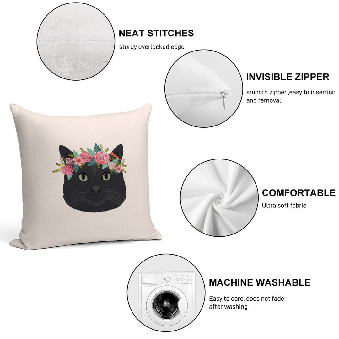 Black Cat Breed Floral Crown Black Cats Lover Pure Breed Gifts Soft Bedroom Essential Throw Pillow