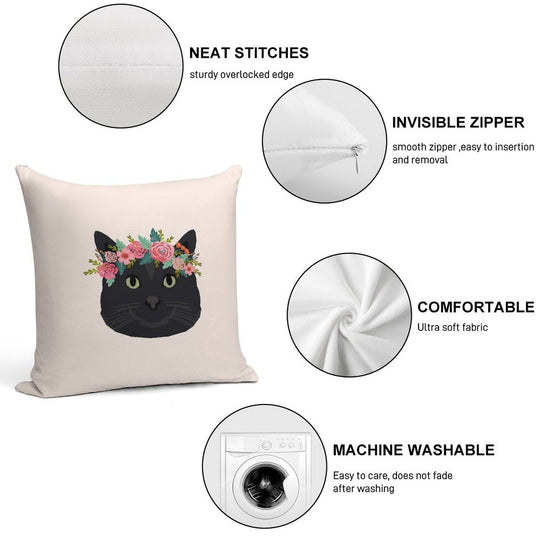Black Cat Breed Floral Crown Black Cats Lover Pure Breed Gifts Soft Bedroom Essential Throw Pillow