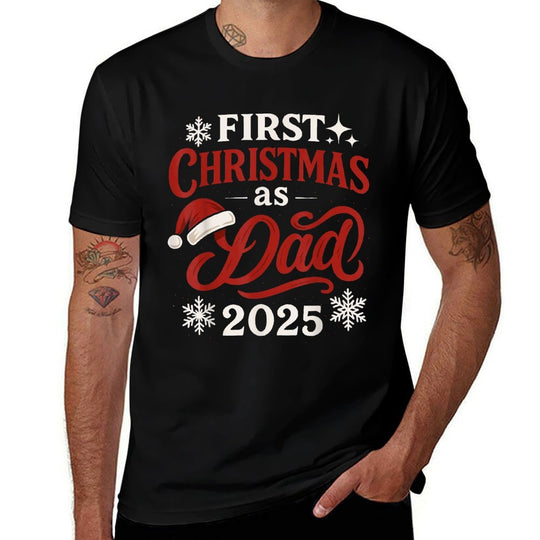 First Christmas As Dad 2025, Christmas with Santa Hat  Heathered Texture T-Shirt