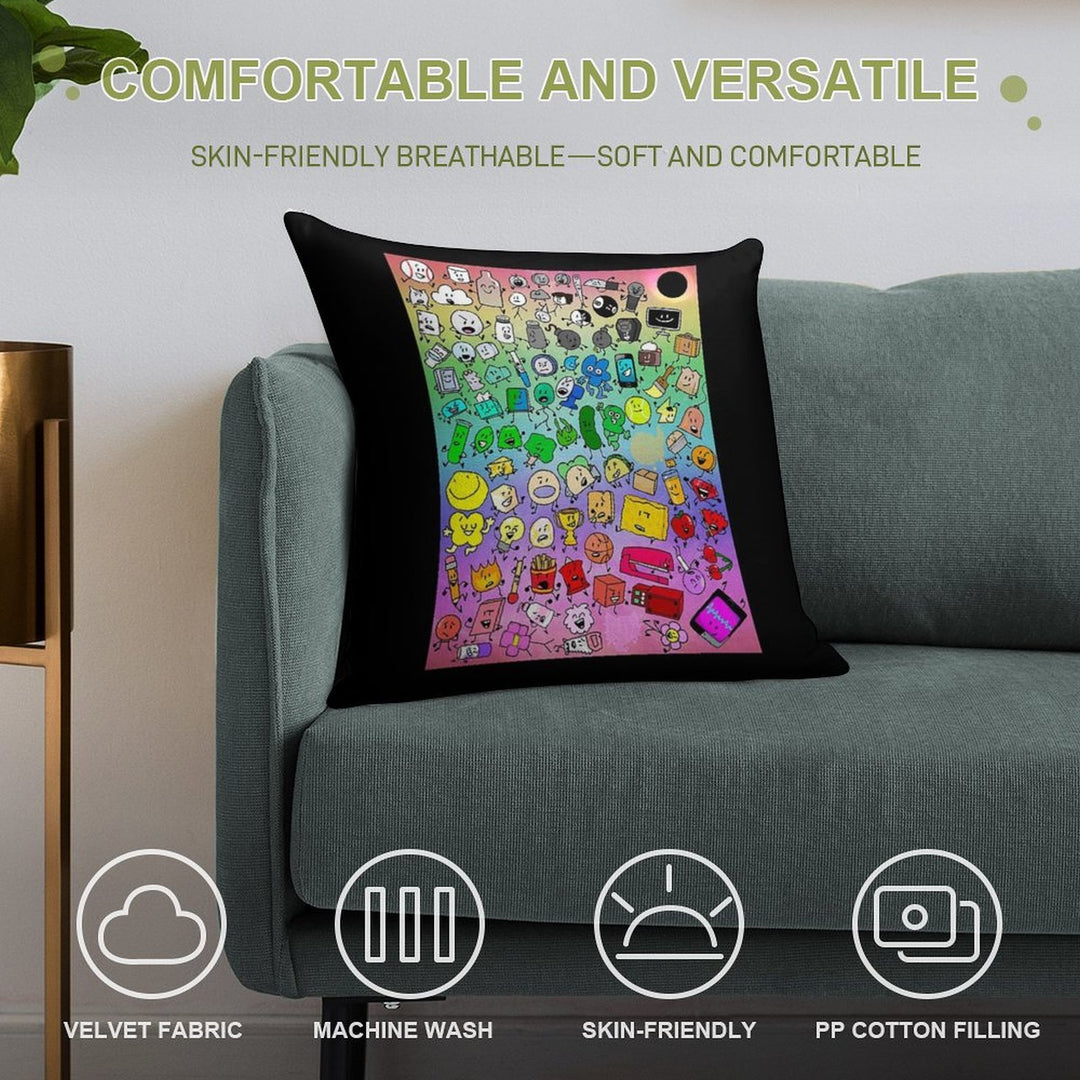 BFDI Inanimate Insanity All Characters (Rainbow) Soft Short Plush Fabric Throw Pillow