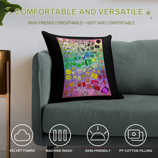 BFDI Inanimate Insanity All Characters (Rainbow) Soft Short Plush Fabric Throw Pillow