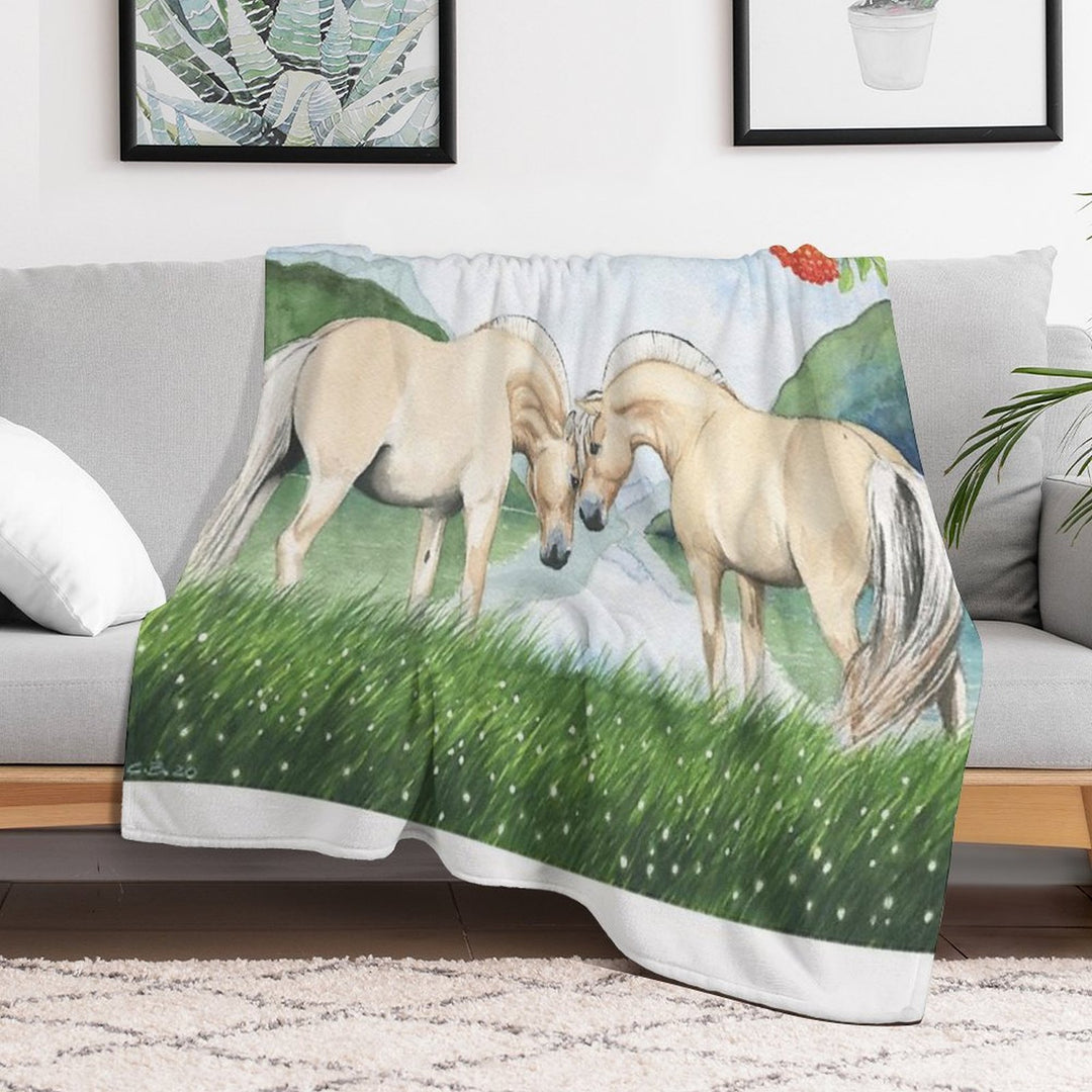 Norwegian Horses in A Fjord Landscape Plush Throw Blanket