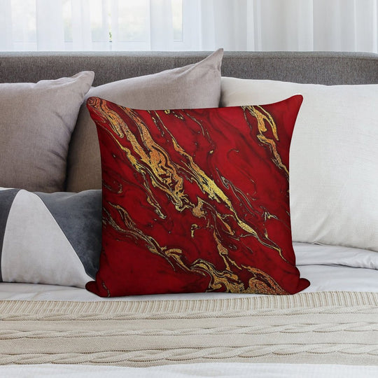 Faux Fire Red And Gold Marble Soft Durable Construction Throw Pillow