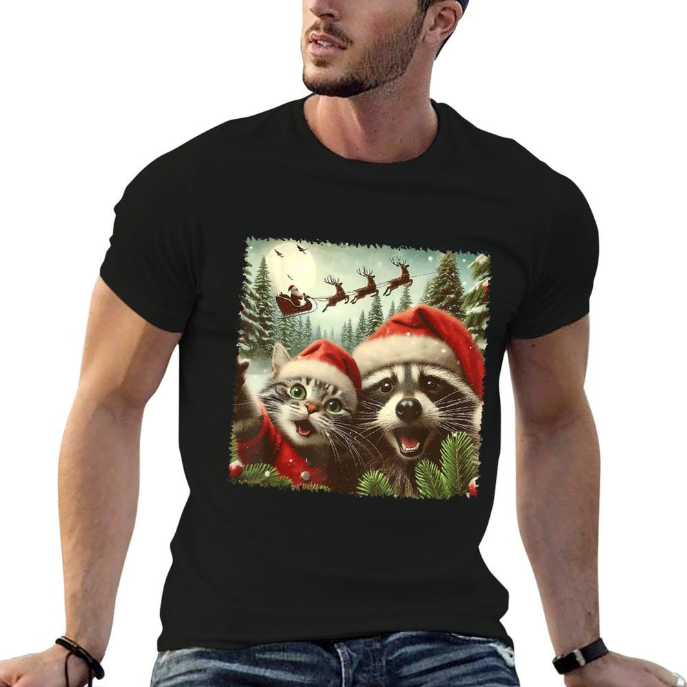 Cat Selfie With Santas Sleigh Weird Funny Raccoon Christmas  Summer-ready Fabric T-Shirt
