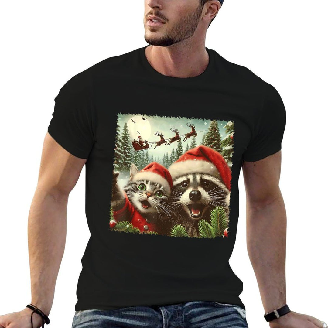 Cat Selfie With Santas Sleigh Weird Funny Raccoon Christmas  Summer-ready Fabric T-Shirt