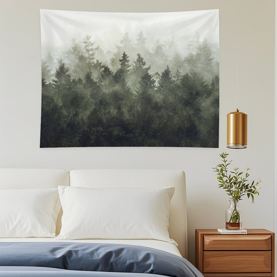 The Heart Of My Heart  Green Mountain Romantasy Moody Wilderness Dream Forest With Cascadia Trees Covered In Magic Fog Tapestry