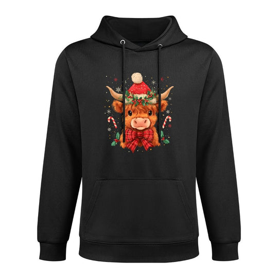 Cute Christmas Highland Cow Mooey Xmas Heifer Santa Hat Machine Washable Hoodie