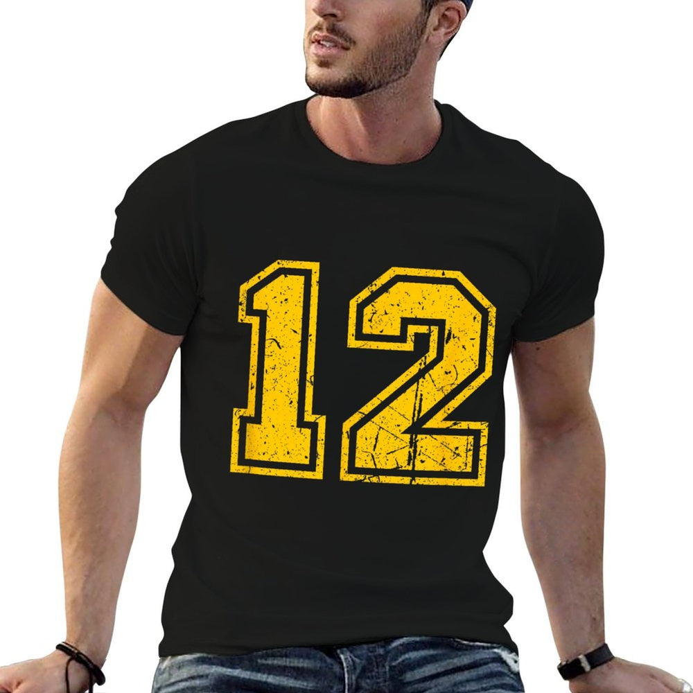 Number #12 Sport Yellow Vintage Number  Rolled Sleeves T-Shirt