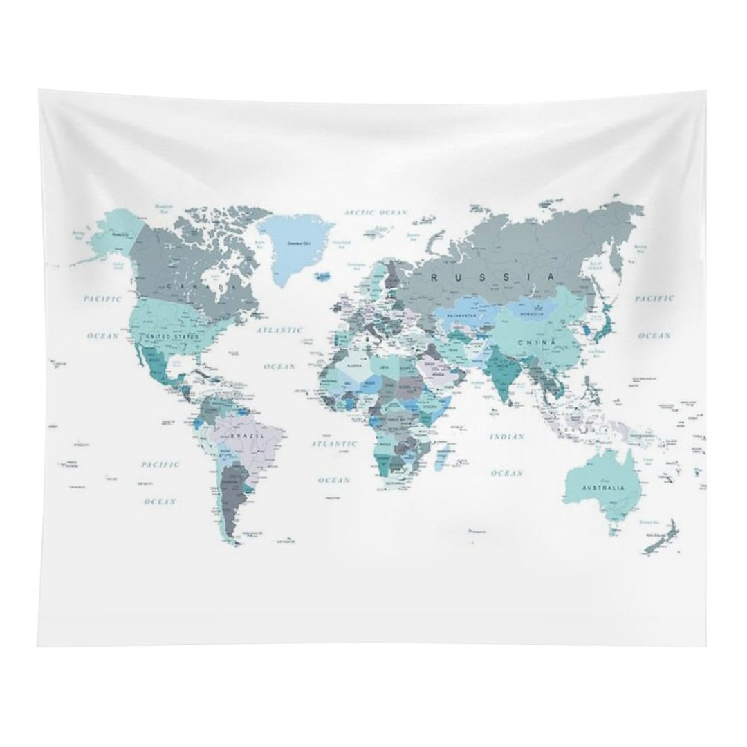 Map of The World in Shades of Teal Tapestry