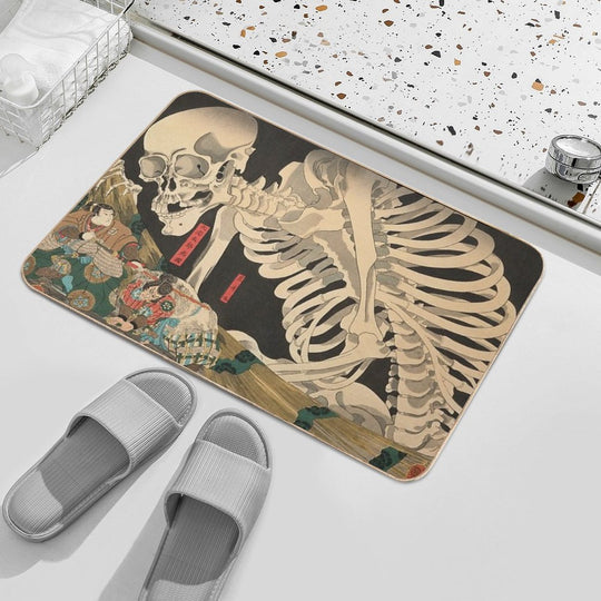 Samurai Fighting Giant Skeleton - Vintage Japanese Ukiyo-e Woodblock.  Multi-Purpose Bath Mat