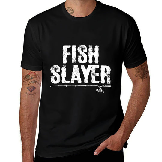 Fish Slayer Fishing Rod Dad Fisherman Cool Fathers Day  Stretchy T-Shirt