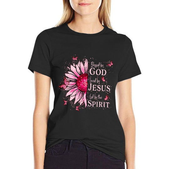 Blessed By God - Loved By Jesus Pink Sunflower  Graphic-printed T-Shirt
