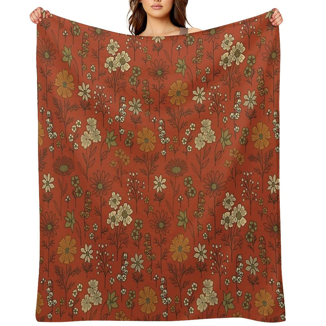 Burnt Orange & Olive Green Floral Comfort Throw Blanket