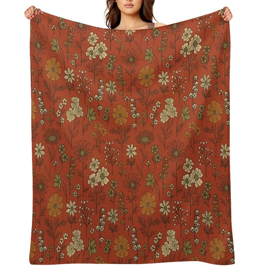 Burnt Orange & Olive Green Floral Comfort Throw Blanket