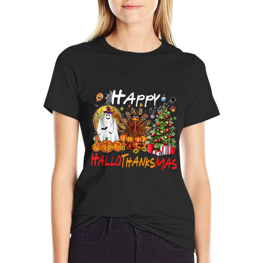Halloween Thanksgiving Christmas Turkey Happy HalloThanksMas  Polyester Blend T-Shirt