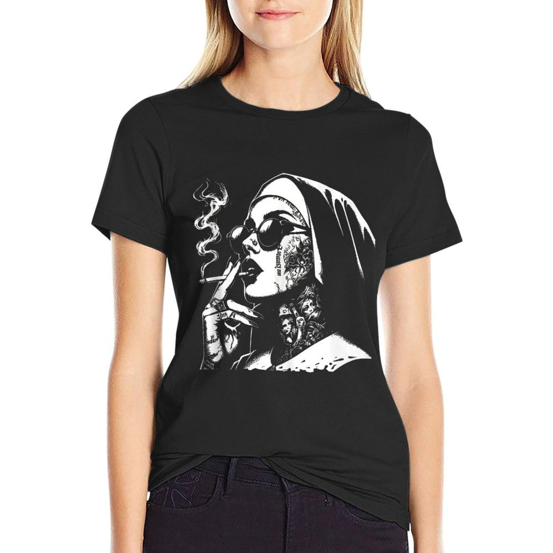 Unholy Nun Funny Horror Choked Up Unholy Nun Satan Baphomet  Ribbed Collar T-Shirt