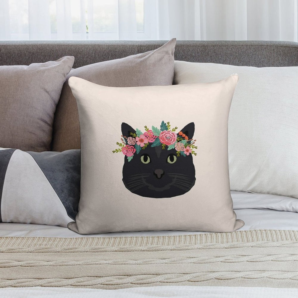 Black Cat Breed Floral Crown Black Cats Lover Pure Breed Gifts Soft Bedroom Essential Throw Pillow