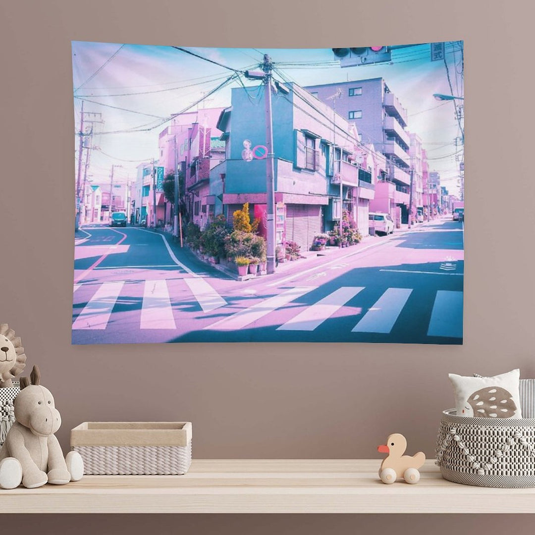 Anime in Real Life Vaporwave Summer Day in Tokyo Residential Area Tapestry