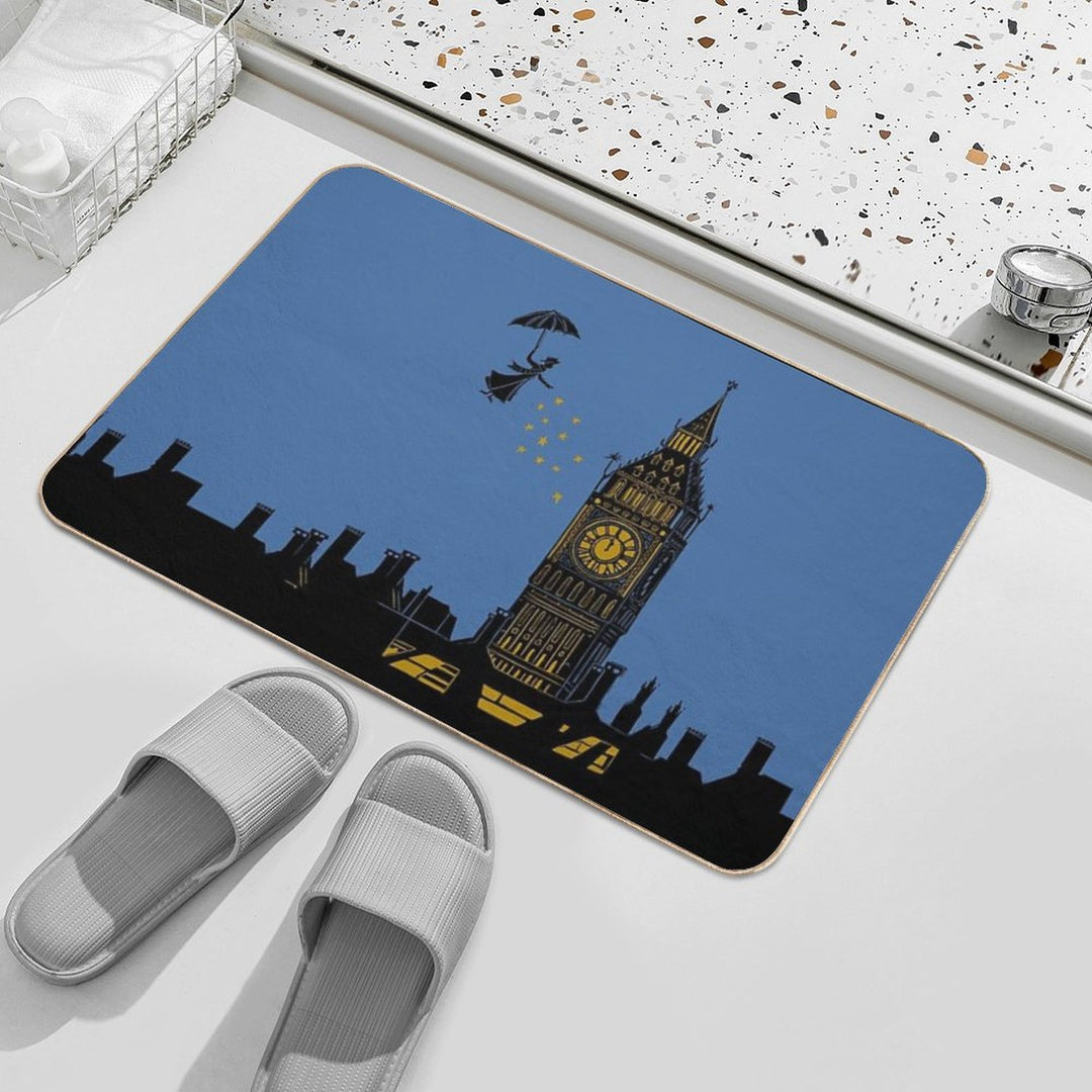 Mary Poppins And Big Ben Linocut Silhouette Print in Black, Blue And Gold  Anti-Trip Bath Mat