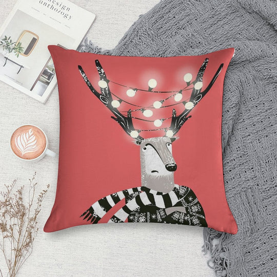 Christmas Bright Reindeer Soft Short Plush Fabric Throw Pillow