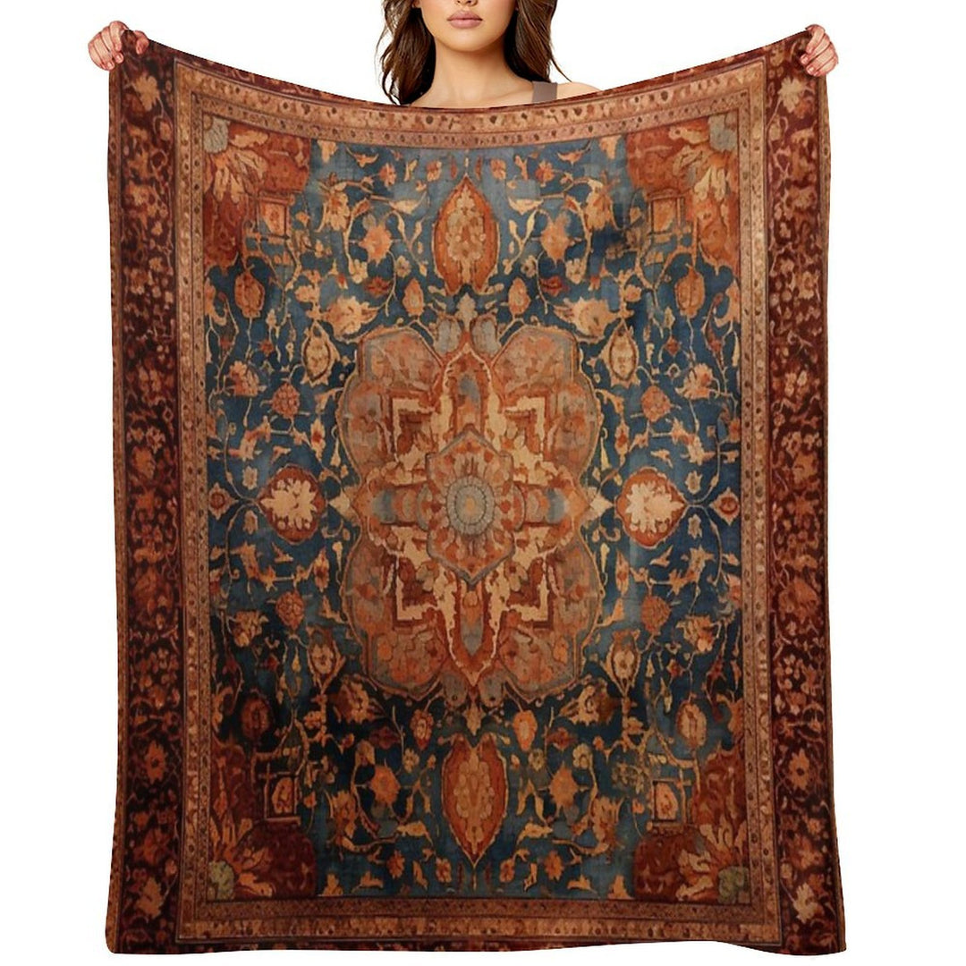 Antique Persian Rug Blue And Ginger Plush Throw Blanket