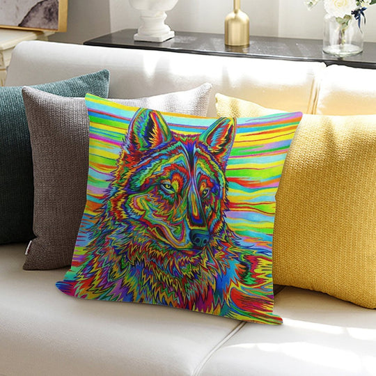 Colorful Psychedelic Rainbow Trippy Wolf Soft Decorative Cover Throw Pillow