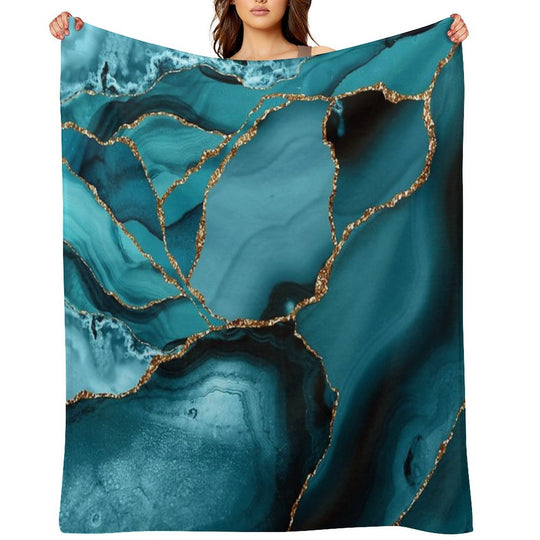 Teal And Gold Faux Marble Landscape Waves Anti-pilling Throw Blanket
