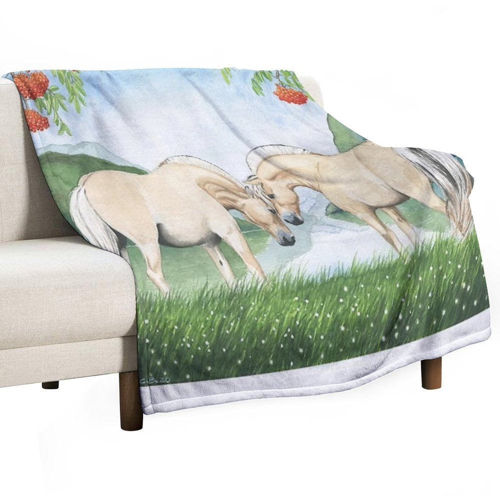 Norwegian Horses in A Fjord Landscape Plush Throw Blanket